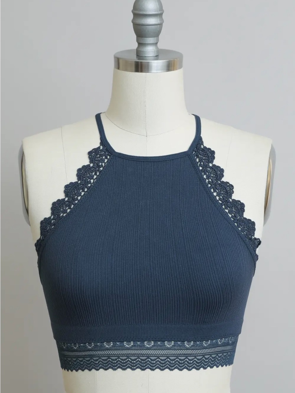 Women's Navy Lace-Trim Ribbed Bralette